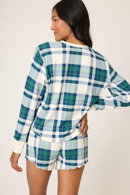 Cozy Life Plaid Velour Thermal Long Sleeve Top - NATURAL