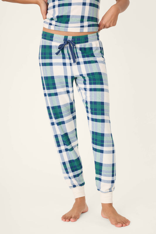 Cozy Life Plaid Thermal Velour Banded Pants - NATURAL