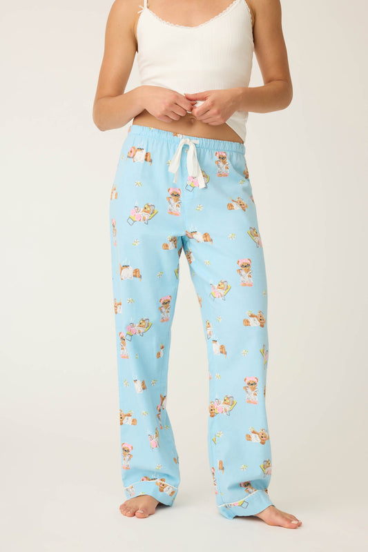 Beary Cute Bear Print Flannel Pants - ICE BLUE