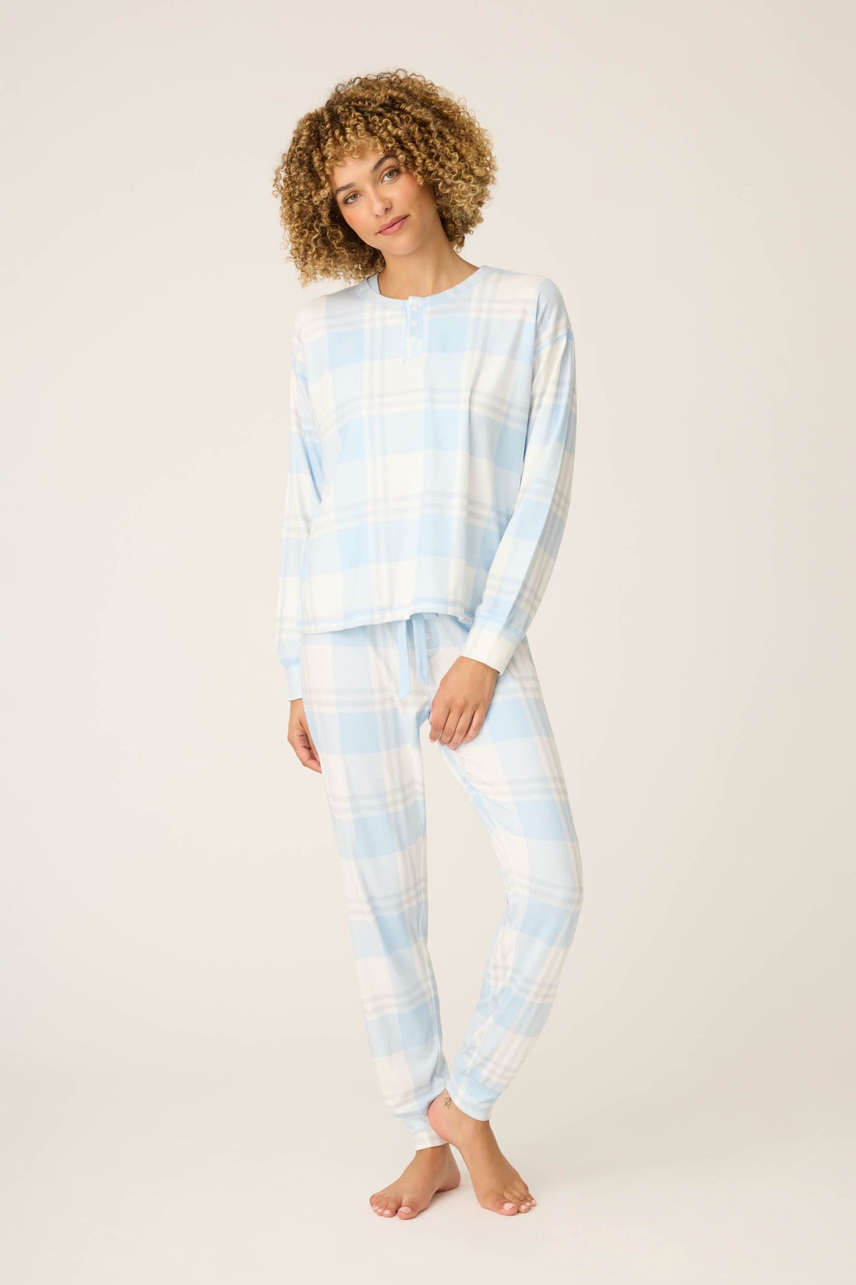 Pointelle Essentials Plaid 4-Piece Loungewear Set - LIGHT SKY