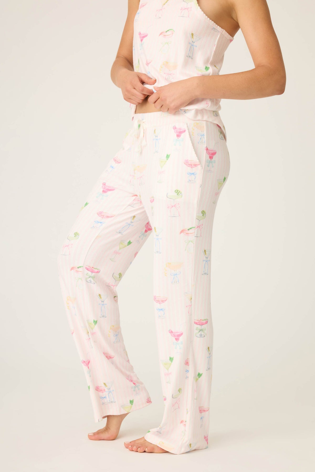 Pretty Punch Cocktail Print Open Leg Pants - BABY PINK