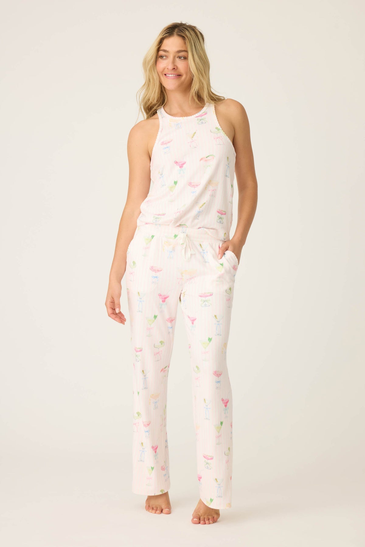 Pretty Punch Cocktail Print Open Leg Pants - BABY PINK