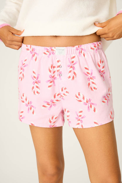 Sweeter Than Sugar Candy Cane Print Flannel Shorts - BABY PINK