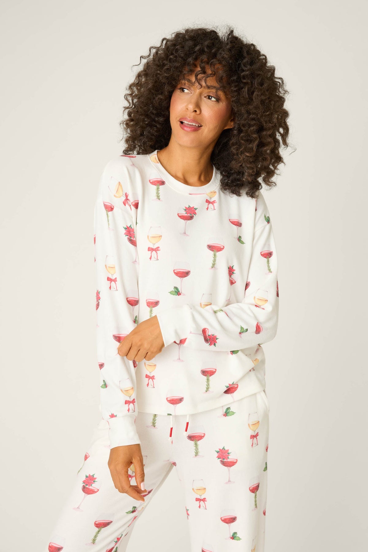 Let's Get Toasty Holiday Wine Print Long Sleeve Top - IVORY