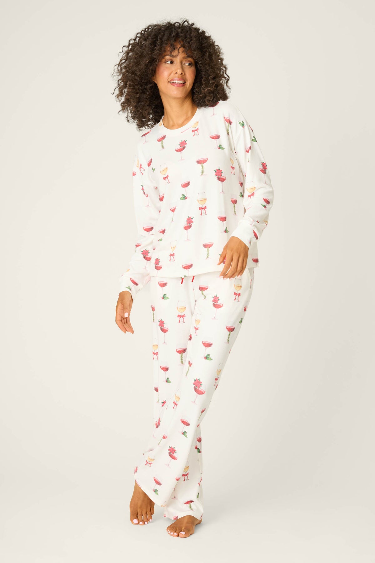 Let's Get Toasty Holiday Wine Print Long Sleeve Top - IVORY