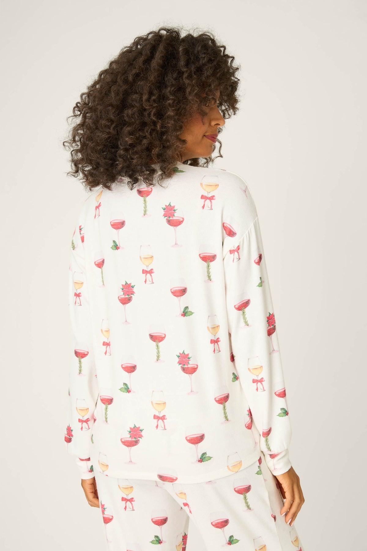 Let's Get Toasty Holiday Wine Print Long Sleeve Top - IVORY