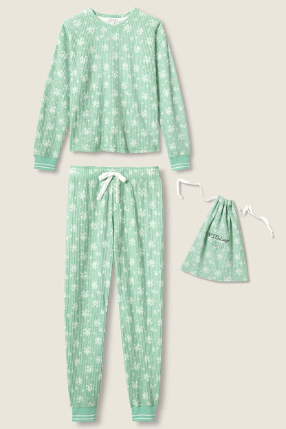 3-Piece Snowflake Print Thermal Velour PJ Set - WINTER GREEN