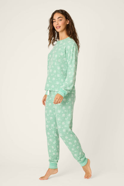 3-Piece Snowflake Print Thermal Velour PJ Set - WINTER GREEN