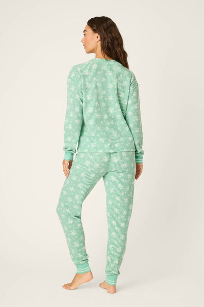3-Piece Snowflake Print Thermal Velour PJ Set - WINTER GREEN