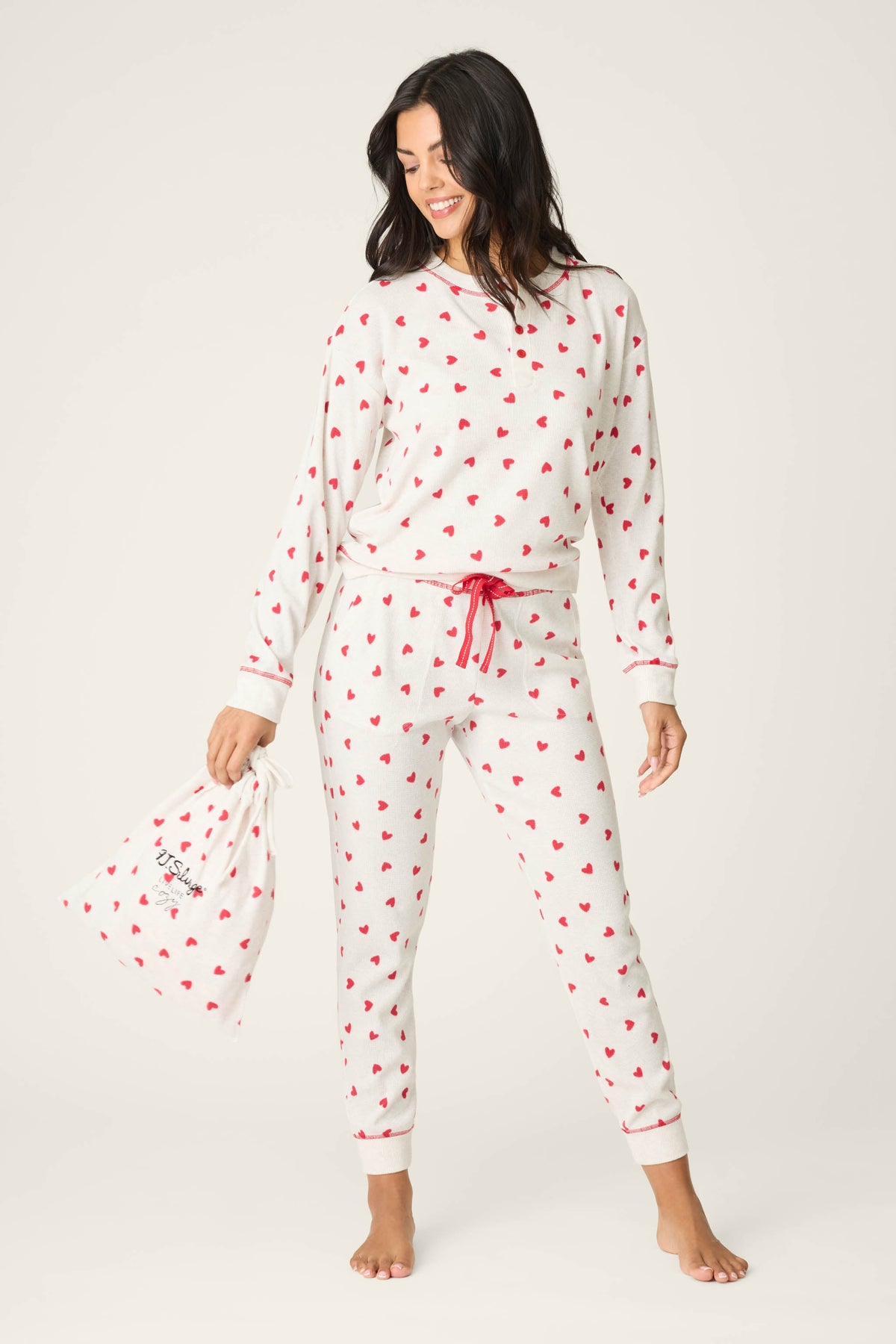 4-Piece Heart Print Waffle Lounge Set - H GREY