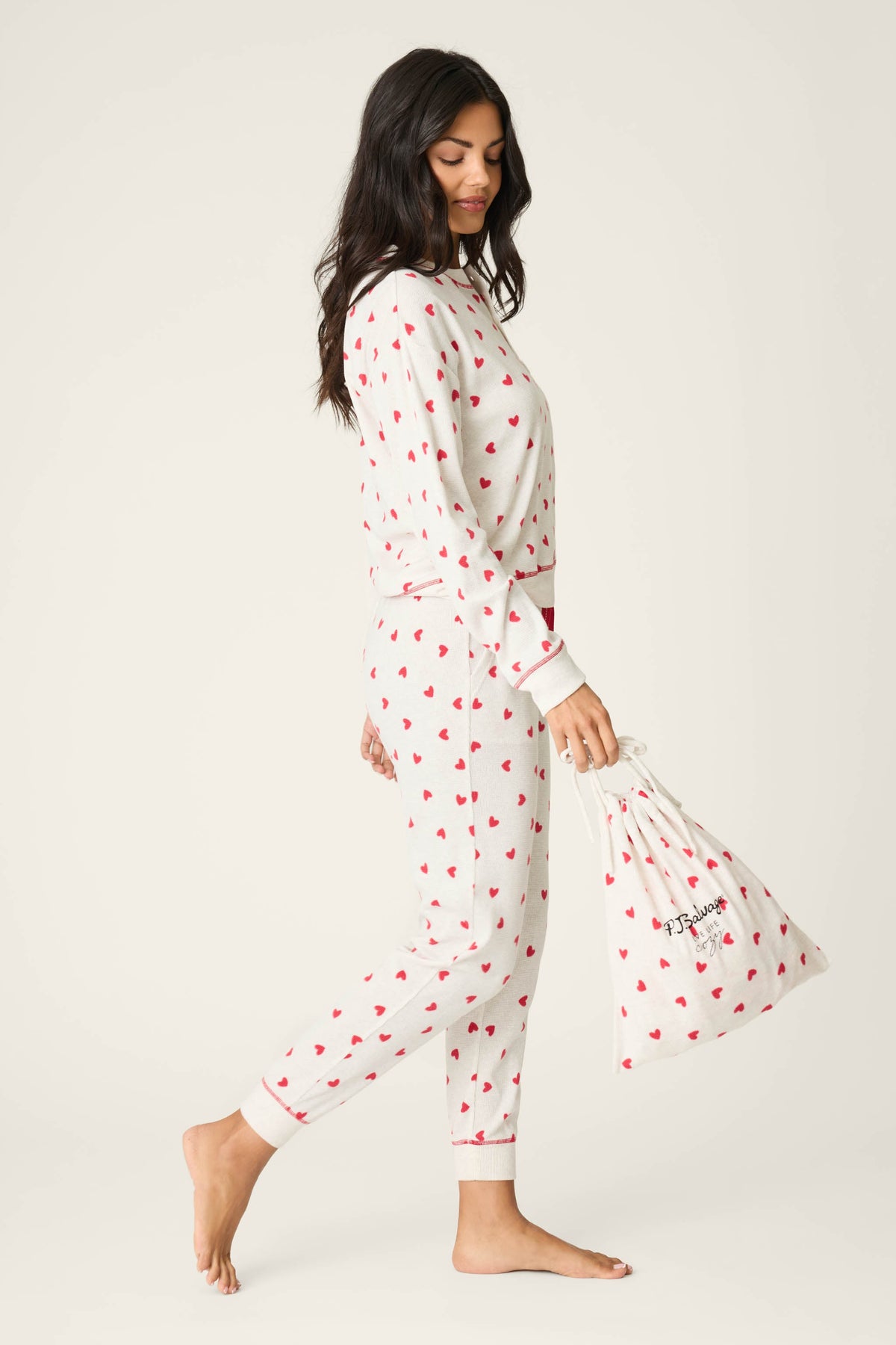 4-Piece Heart Print Waffle Lounge Set - H GREY