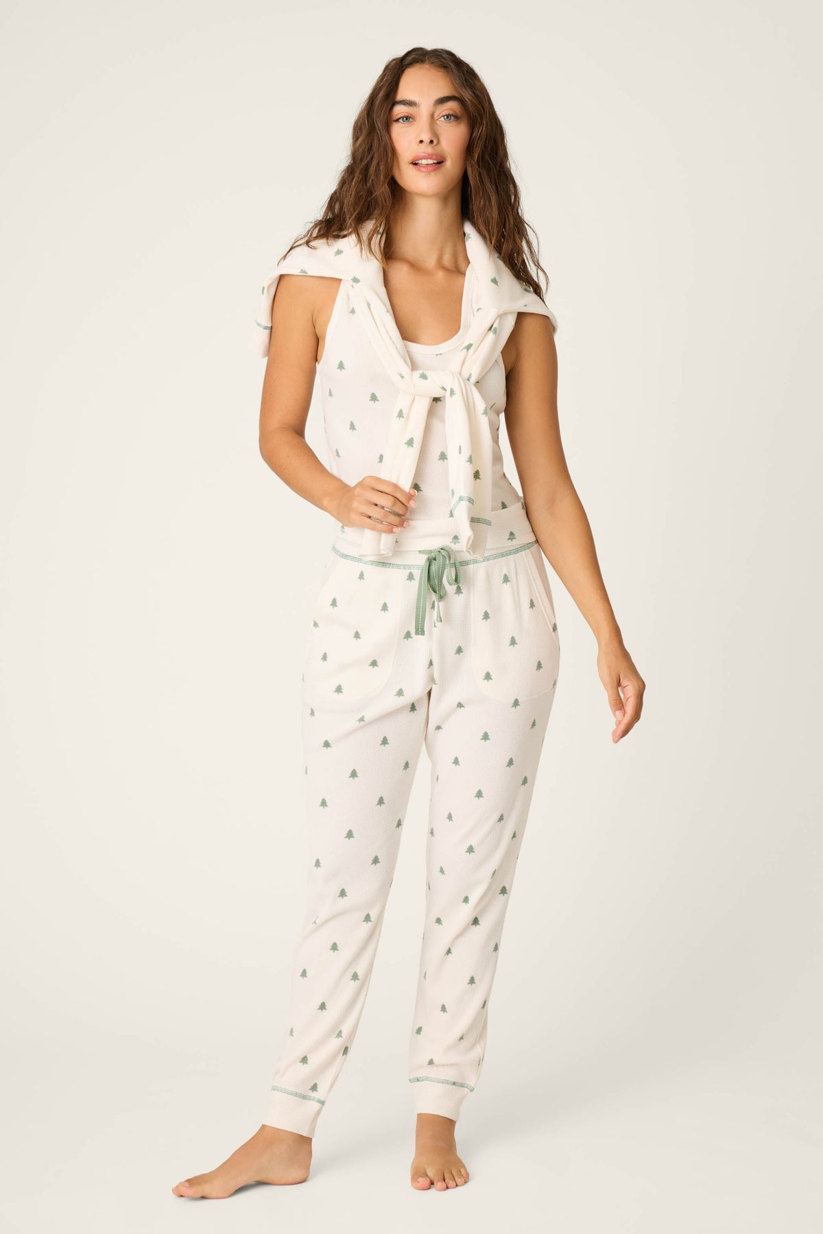 4-Piece Tree Print Waffle Lounge Set - NATURAL