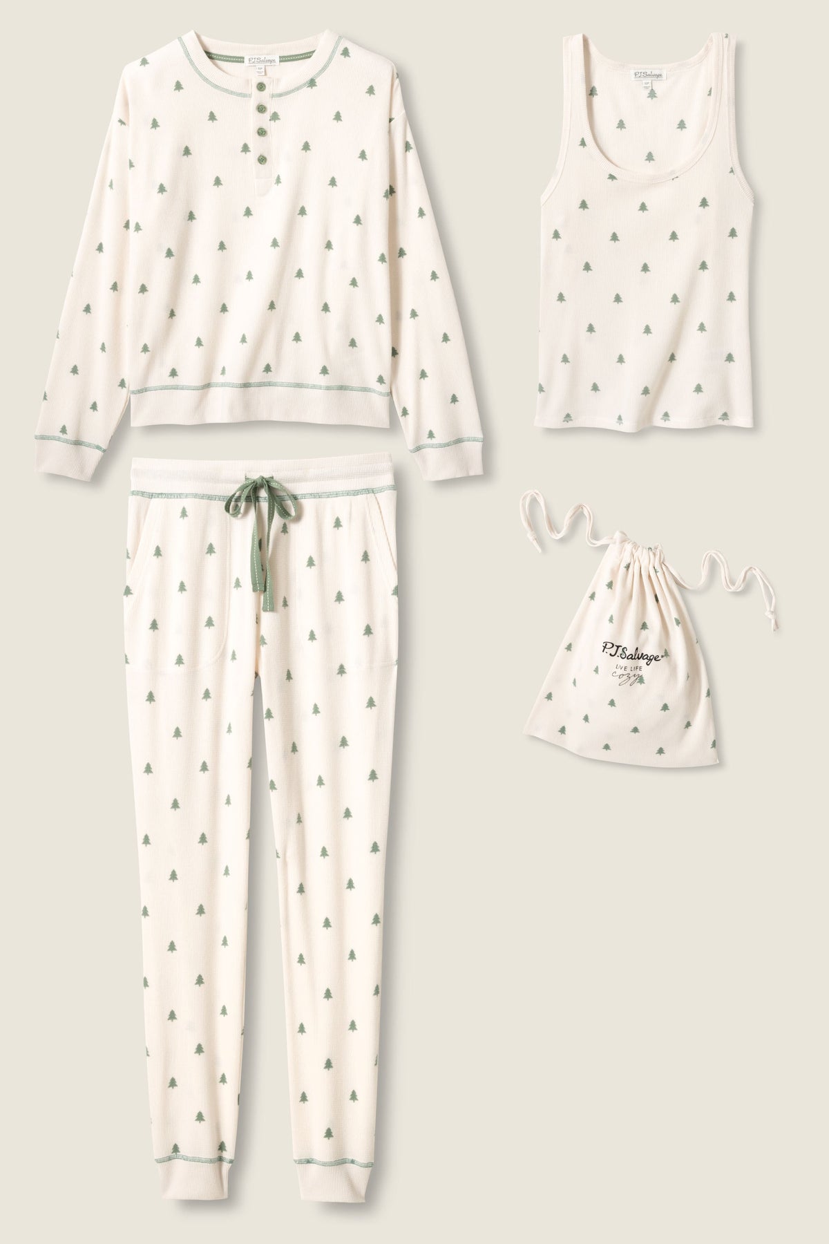 4-Piece Tree Print Waffle Lounge Set - NATURAL