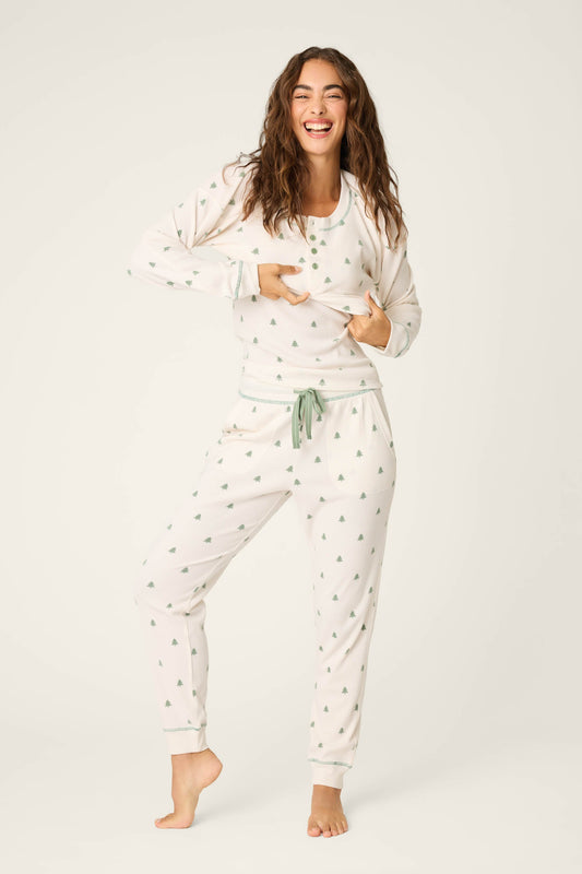 4-Piece Tree Print Waffle Lounge Set - NATURAL