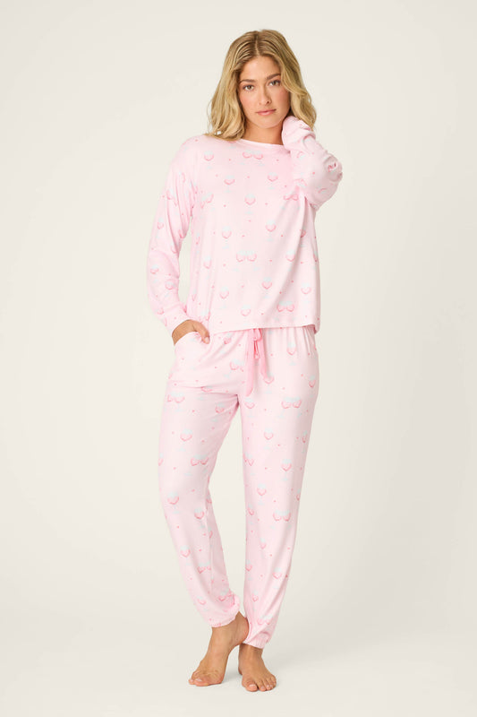Happy Hour Wine Glass Print PJ Set - LIGHT PINK