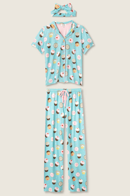 Sweet Life Cupcake Print 3-Piece PJ Set - BRIGHT AQUA