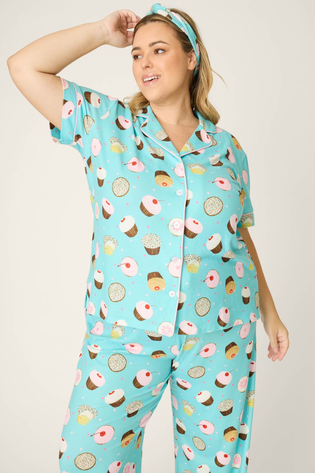 Sweet Life Cupcake Print 3-Piece Plus Size PJ Set - BRIGHT AQUA
