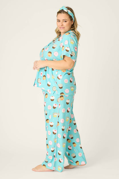Sweet Life Cupcake Print 3-Piece Plus Size PJ Set - BRIGHT AQUA