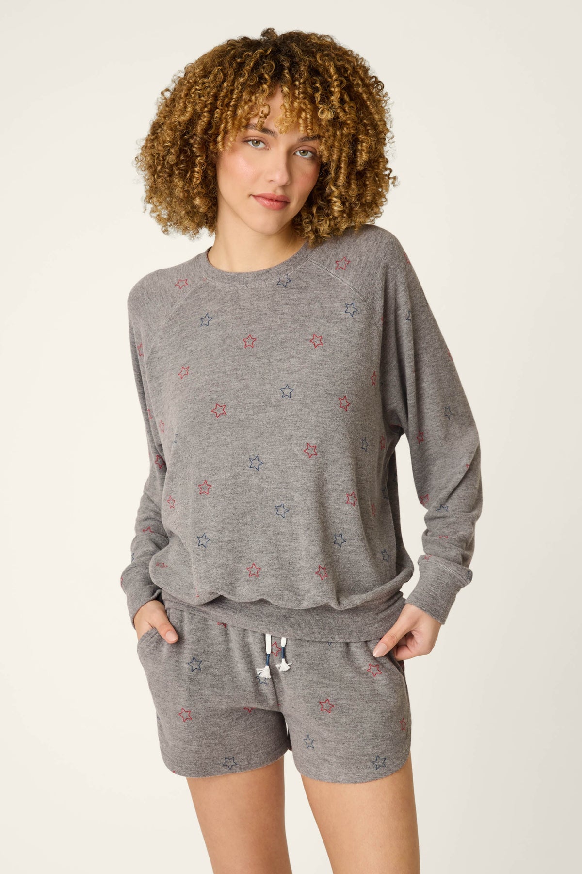 Red, White, & Woof Star Print Long Sleeve Top - DARK H GREY