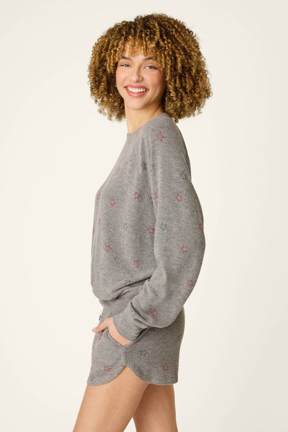 Red, White, & Woof Star Print Long Sleeve Top - DARK H GREY