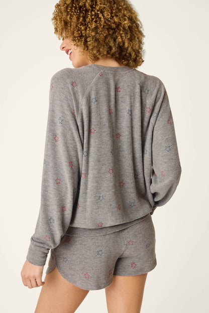 Red, White, & Woof Star Print Long Sleeve Top - DARK H GREY