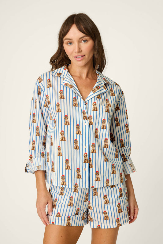 Afterparty Poplin Stripe & Poodle Print Long Sleeve Top - DEEP NAVY