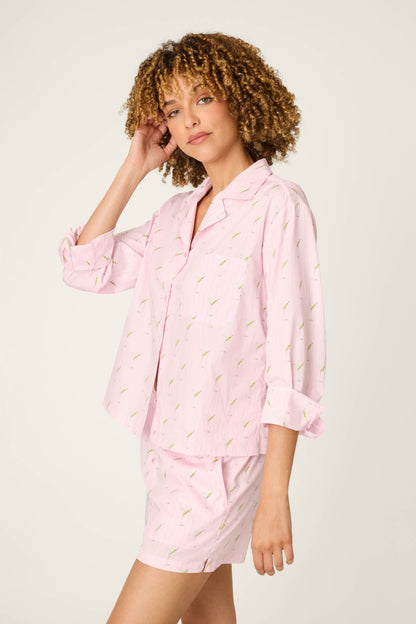 Afterparty Poplin Stripe & Martini Print Long Sleeve Top - PINK PEARL