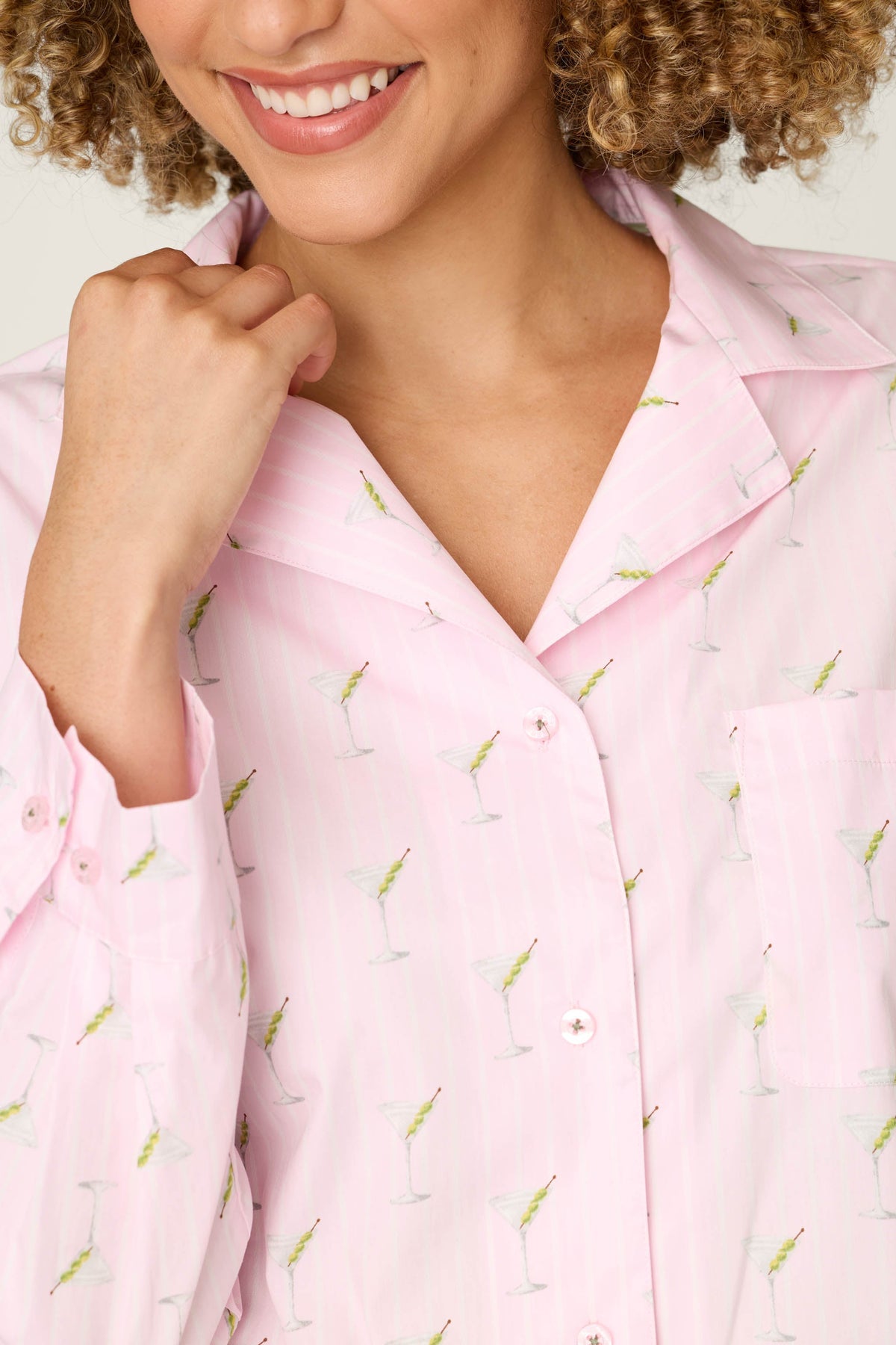 Afterparty Poplin Stripe & Martini Print Long Sleeve Top - PINK PEARL