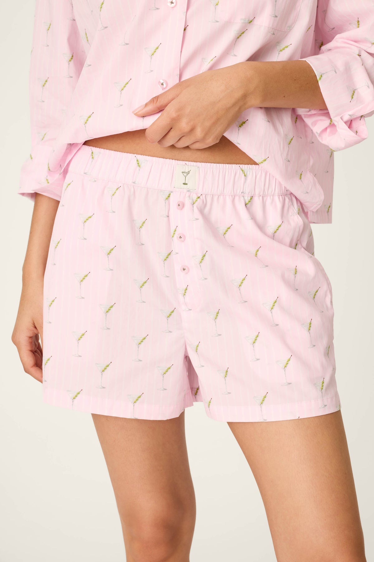 Afterparty Poplin Stripe & Martini Print Pajama Shorts - PINK PEARL