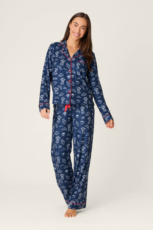 Bonjour Babe French Breakfast Print Long Sleeve PJ Set - DEEP NAVY