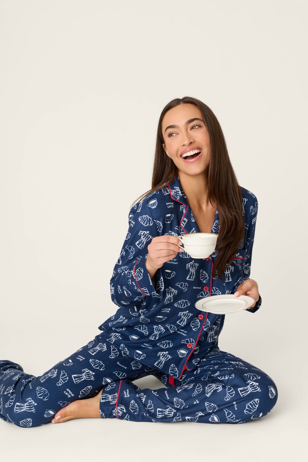 Bonjour Babe French Breakfast Print Long Sleeve PJ Set - DEEP NAVY