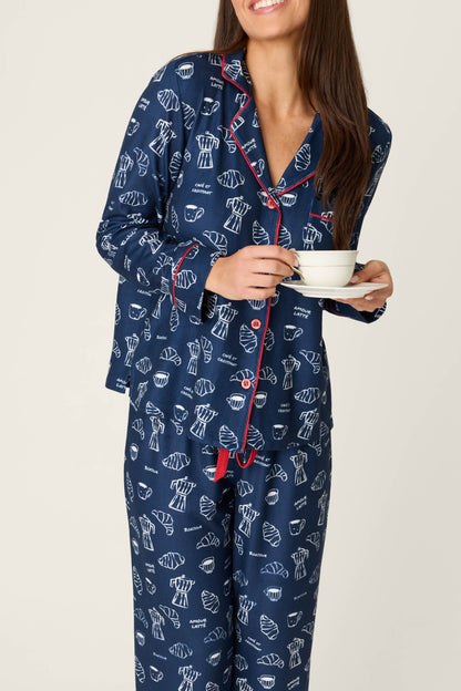 Bonjour Babe French Breakfast Print Long Sleeve PJ Set - DEEP NAVY