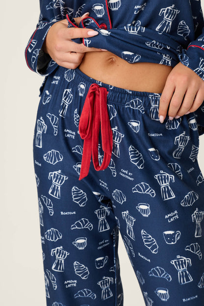 Bonjour Babe French Breakfast Print Long Sleeve PJ Set - DEEP NAVY