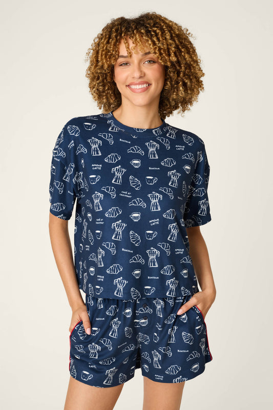 Bonjour Babe French Breakfast Print Short Sleeve Top - DEEP NAVY
