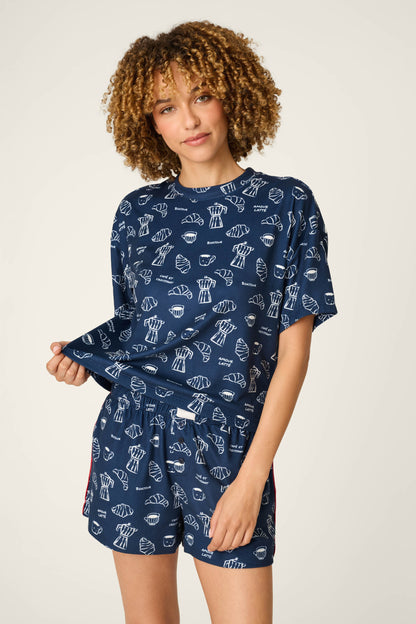 Bonjour Babe French Breakfast Print Short Sleeve Top - DEEP NAVY