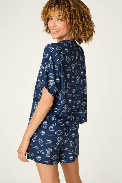 Bonjour Babe French Breakfast Print Short Sleeve Top - DEEP NAVY