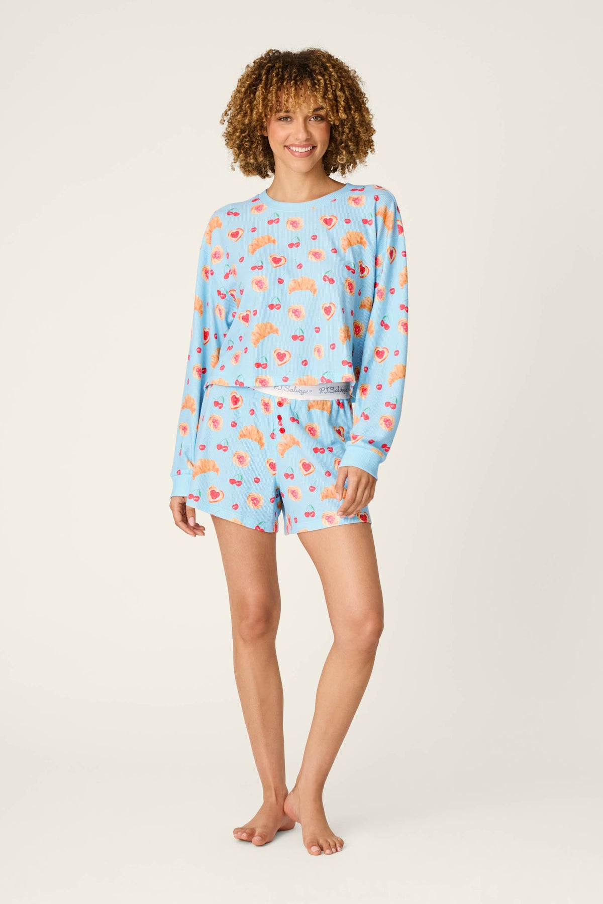 Boyfriend Boxer Pastry Print Long Sleeve & Shorts PJ Set - CRYSTAL BLUE