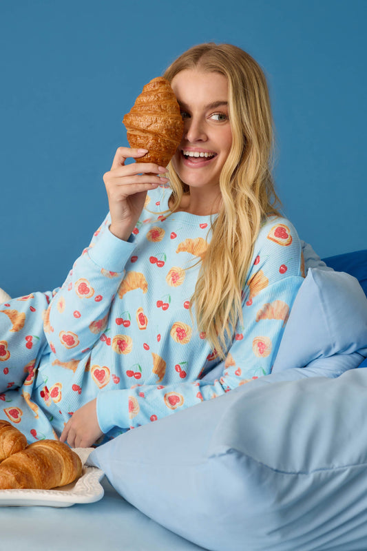 Boyfriend Boxer Pastry Print Long Sleeve & Shorts PJ Set - CRYSTAL BLUE