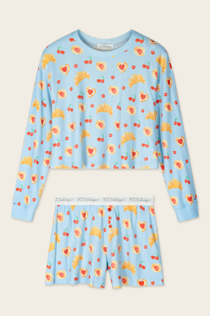 Boyfriend Boxer Pastry Print Long Sleeve & Shorts PJ Set - CRYSTAL BLUE