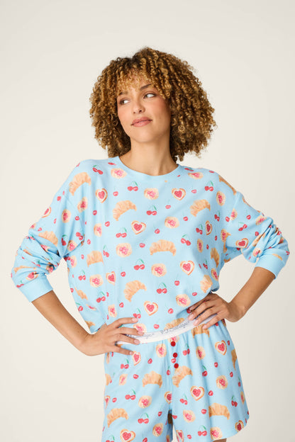 Boyfriend Boxer Pastry Print Long Sleeve & Shorts PJ Set - CRYSTAL BLUE