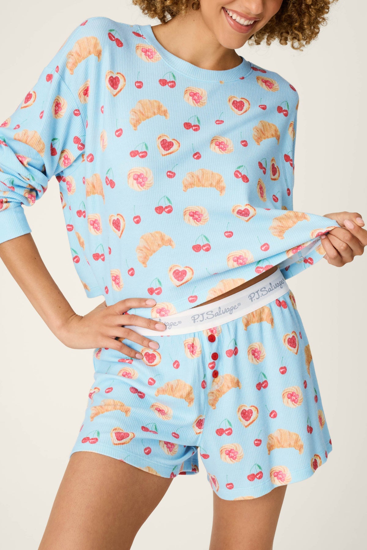 Boyfriend Boxer Pastry Print Long Sleeve & Shorts PJ Set - CRYSTAL BLUE