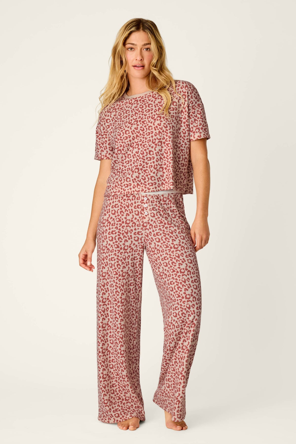 Boyfriend Boxer Leopard Print Short Sleeve & Pants PJ Set - DARK WINE
