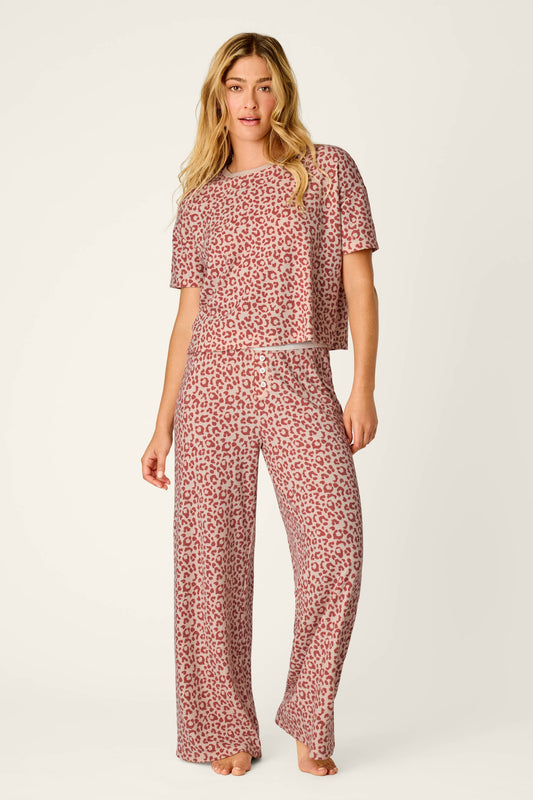 Boyfriend Boxer Leopard Print Short Sleeve & Pants PJ Set - DARK WINE