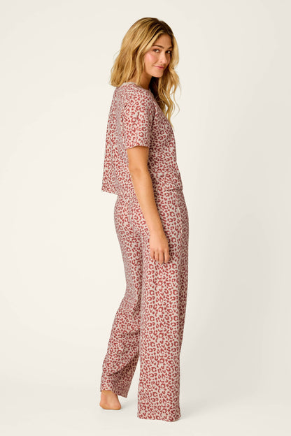 Boyfriend Boxer Leopard Print Short Sleeve & Pants PJ Set - DARK WINE