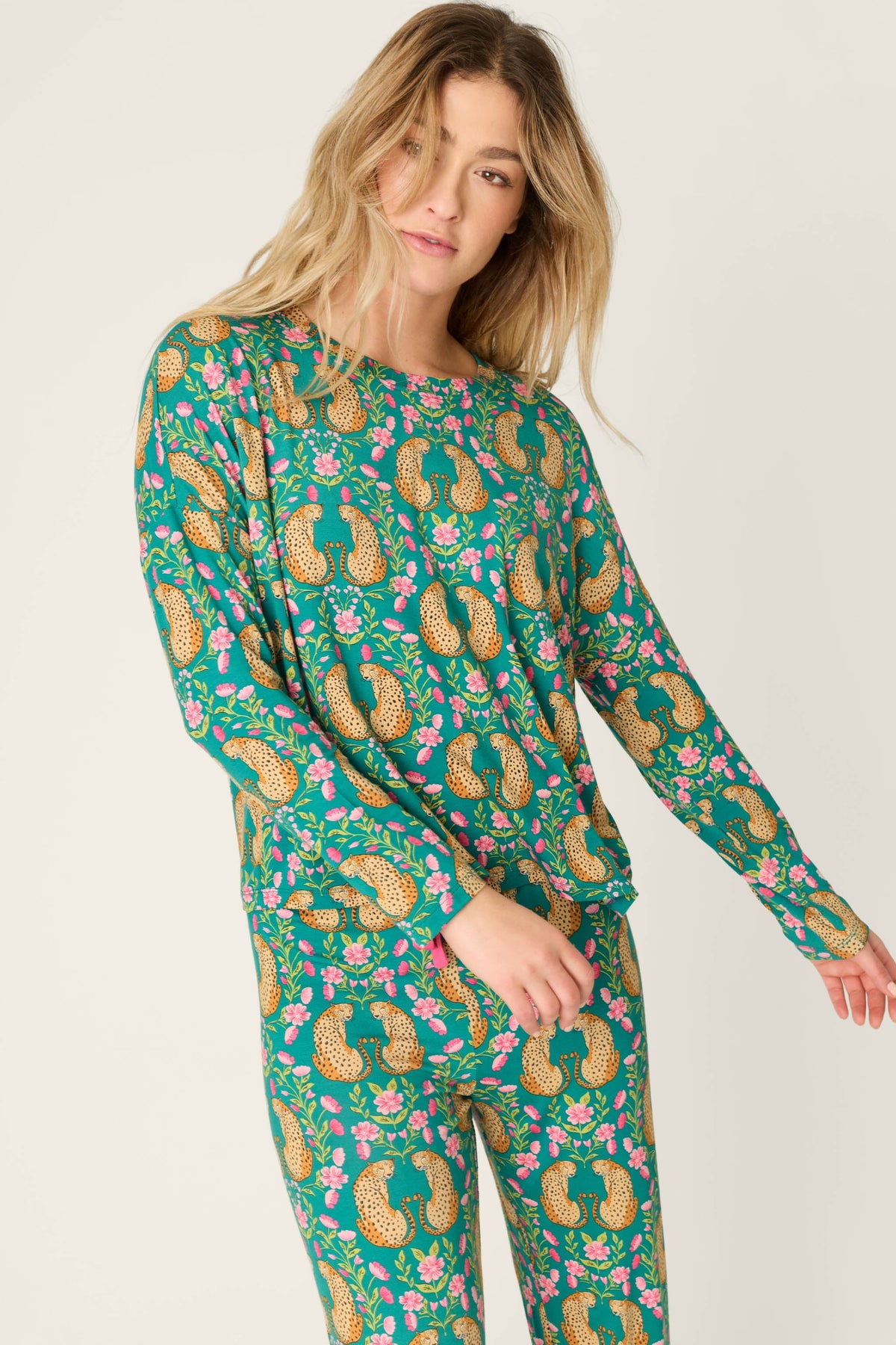 Cheetah Bonita Dreams Cheetah Print Long Sleeve Top - TEAL BLUE