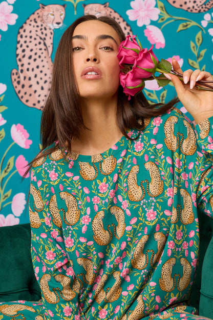 Cheetah Bonita Dreams Cheetah Print Long Sleeve Top - TEAL BLUE