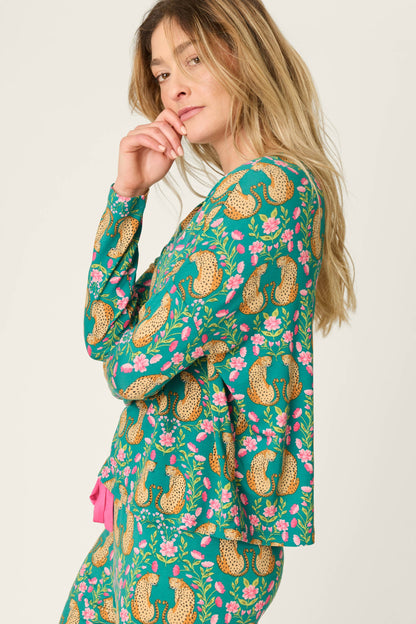 Cheetah Bonita Dreams Cheetah Print Long Sleeve Top - TEAL BLUE