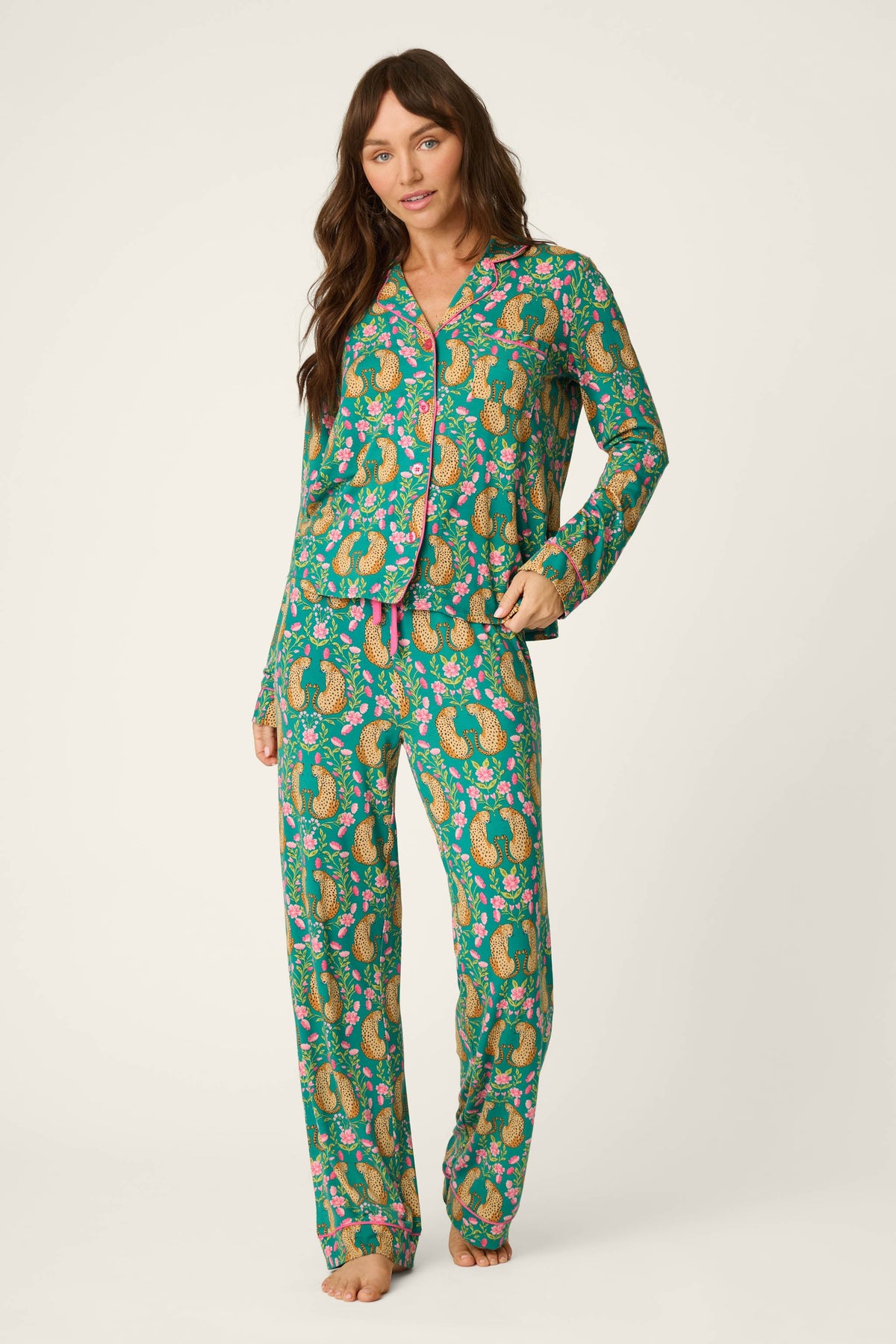 Cheetah Bonita Dreams Cheetah Print Long Sleeve PJ Set - TEAL BLUE