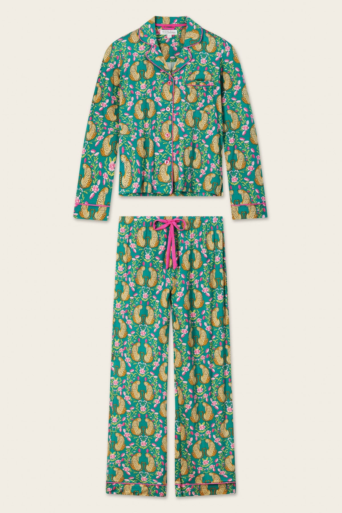 Cheetah Bonita Dreams Cheetah Print Long Sleeve PJ Set - TEAL BLUE