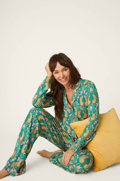 Cheetah Bonita Dreams Cheetah Print Long Sleeve PJ Set - TEAL BLUE